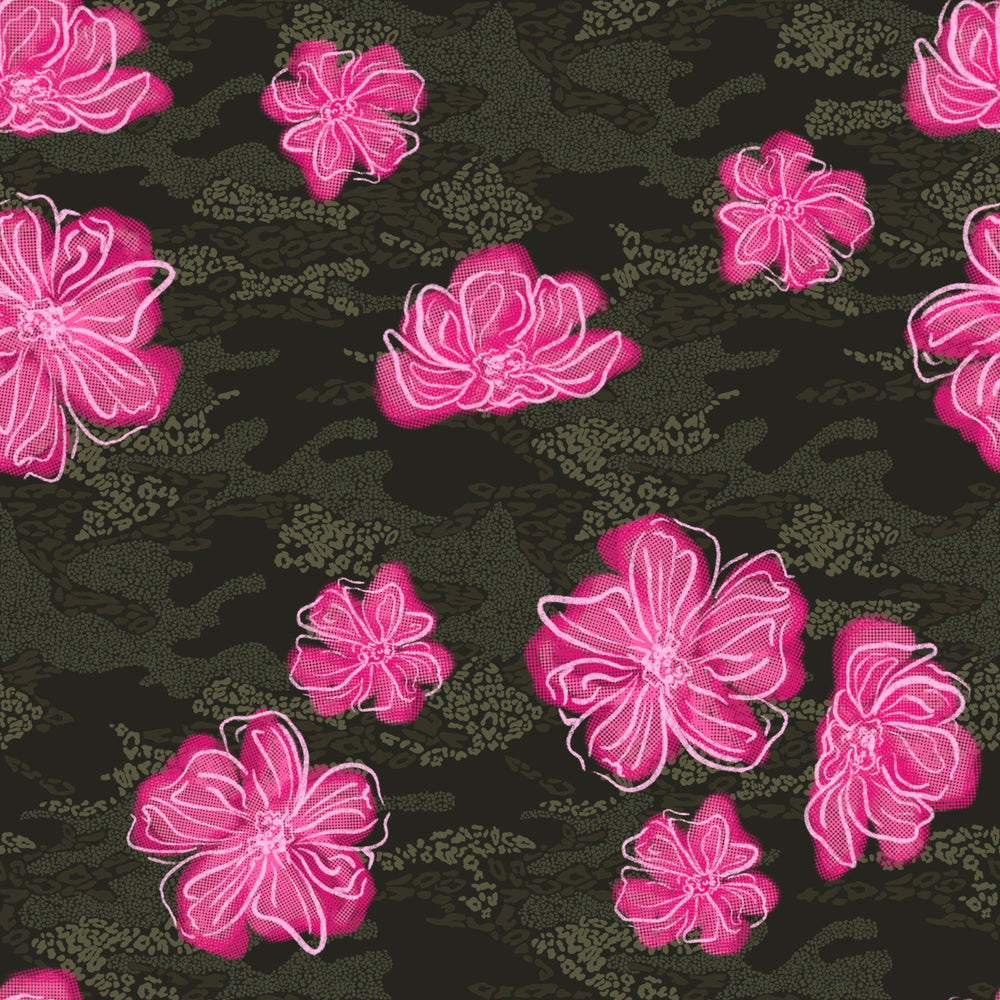 Close-up of the Wildflower print: hot pink flowers outlined in pale pink line over textured dark camo